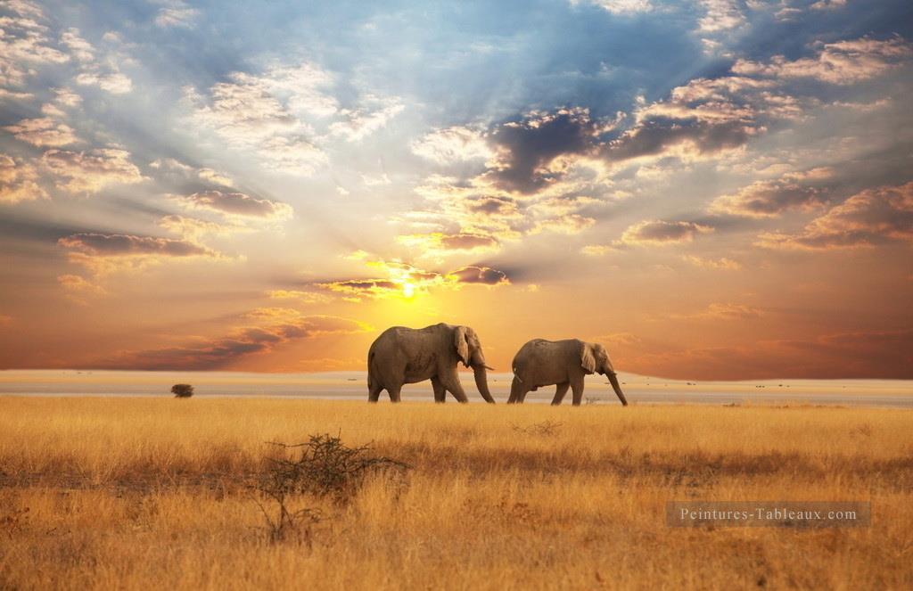 Éléphants Marcher sur automne prairie coucher soleil peinture de Art Art Peintures à l'huile